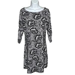 Soybu Casual Activewear Dress S White Black Print 3/4 Ruched Sleeves Stretch